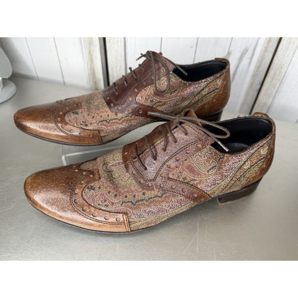 Etro Paisley Shoes Oxford Derby Leather & Multicolor Paisley Size 42 US 9